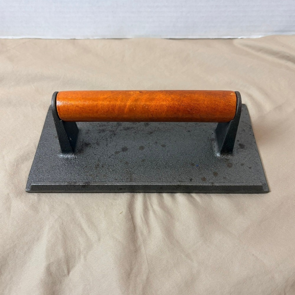 Cast Iron Bacon Meat Grill Press Wood Handle Grid Pattern Heavy 9.25" Weight 2lb